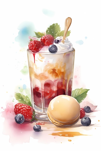 A watercolor painting of a glass of ice cream with blueberries and raspberries