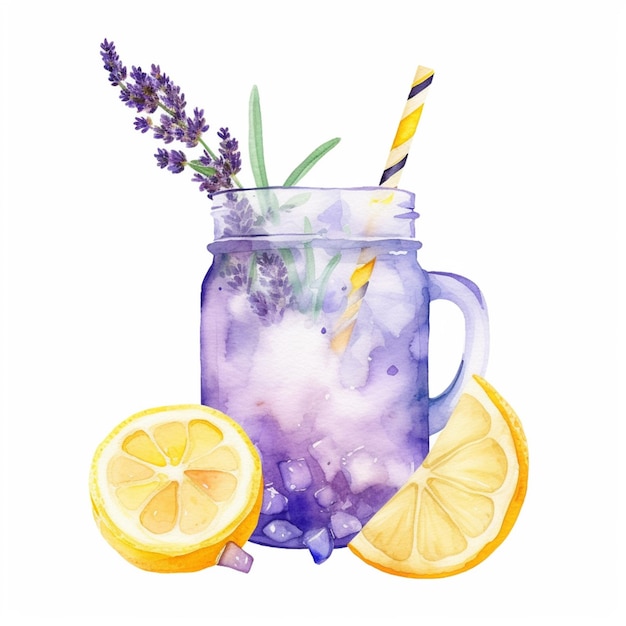 A watercolor painting of a glass jar with lavender and lemons.