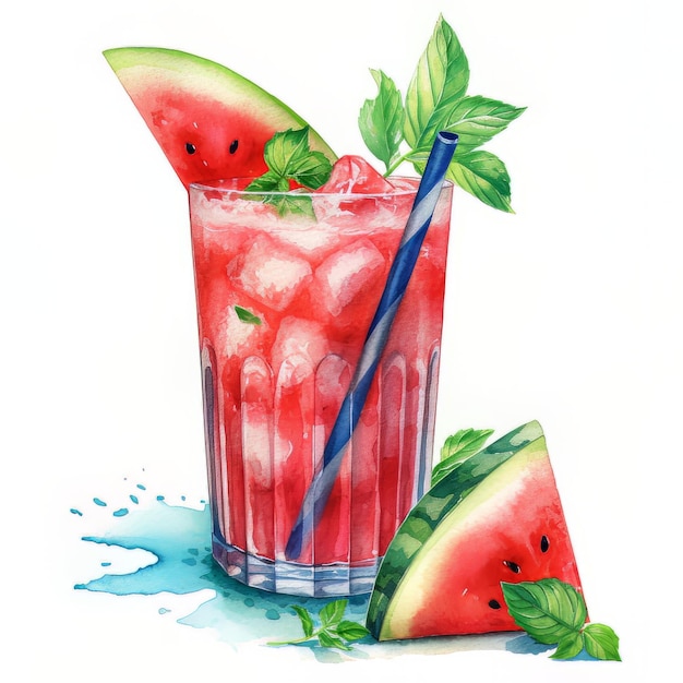 Watercolor painting of a glass of watermelon juice with a straw and mint leaves.