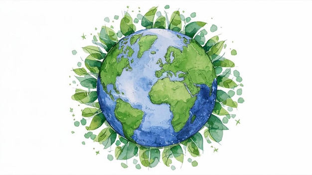a watercolor painting of a globe with a tree and leaves around it