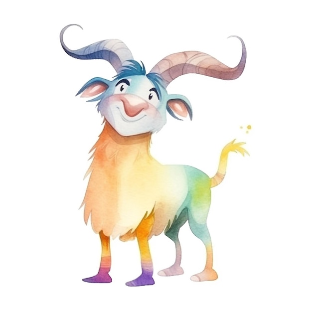 Watercolor painting of a goat with horns and horns.