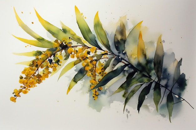 A watercolor painting of a gold eucalyptus branch.