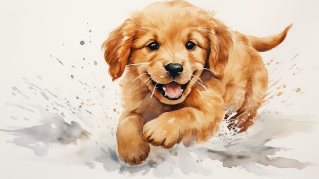 Watercolor painting of a golden retriever puppy running ai