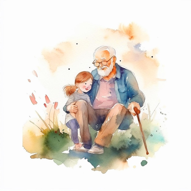 Watercolor painting of a grandfather and granddaughter