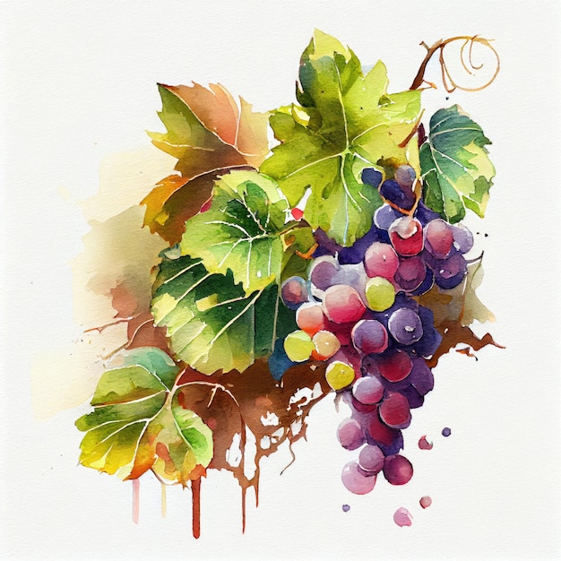 A watercolor painting of grapes and leaves