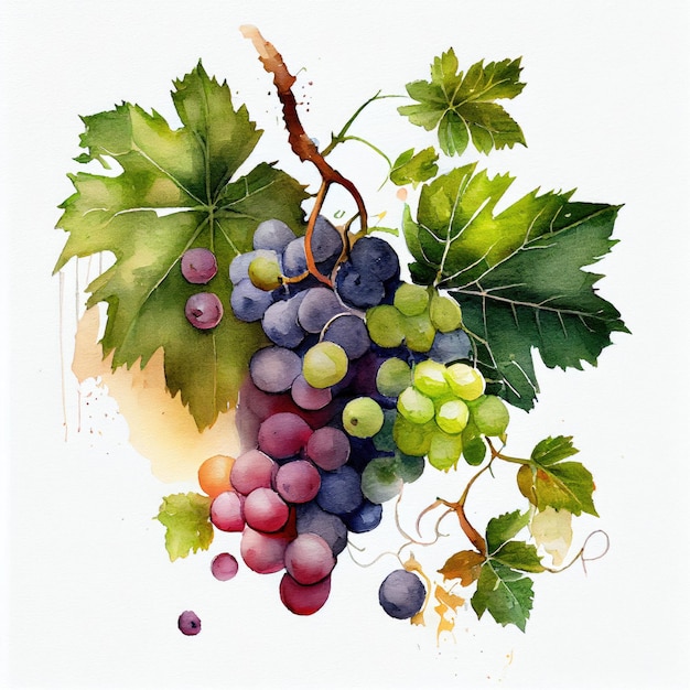 A watercolor painting of grapes and leaves
