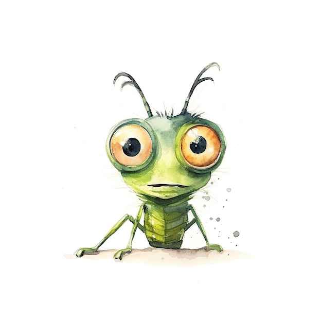 A watercolor painting of a grasshopper with a green face.