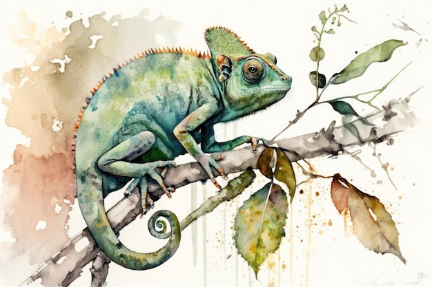 Watercolor Painting of a Green Chameleon Perched on a Tree Branch