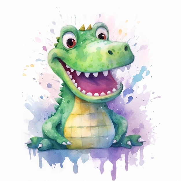 A watercolor painting of a green crocodile with the word " happy " on the bottom.