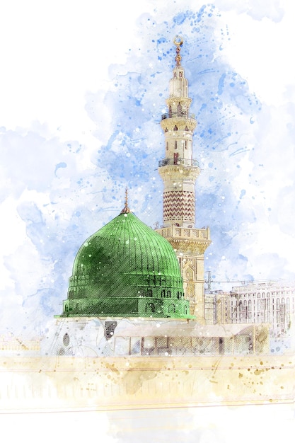 Watercolor painting of a green dome of a mosque