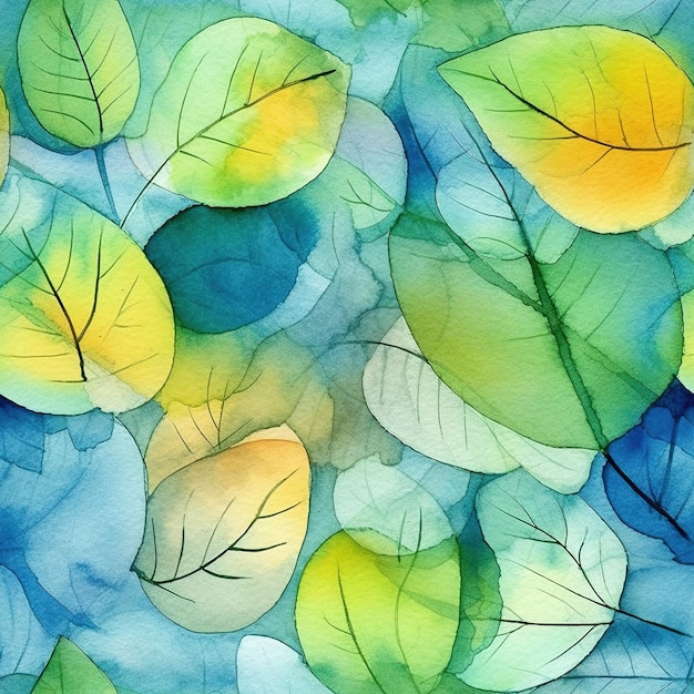 緑の葉の背景の水彩画。