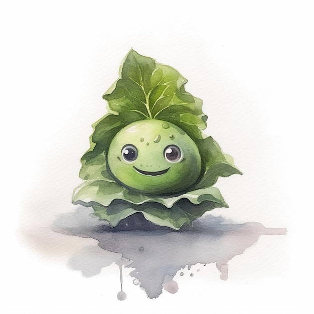 A watercolor painting of a green leaf with a smiling face.