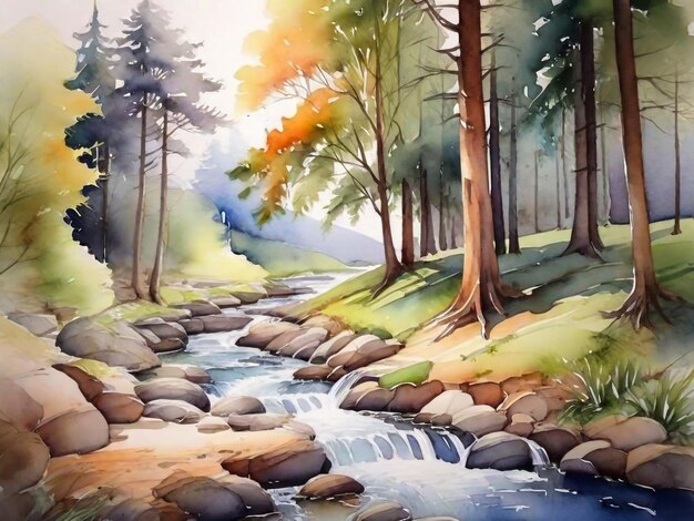 Watercolor painting of a green spring landscape trees jungle fall lush rural lovely view eyecatchin