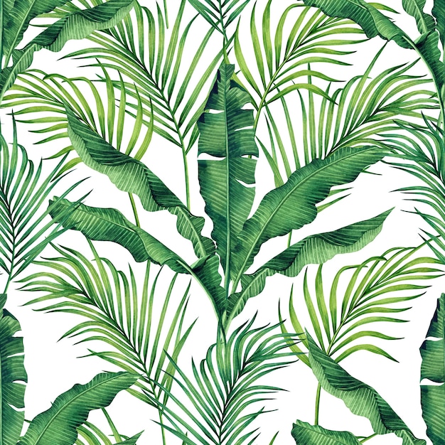 Watercolor painting green tropical leaves seamless pattern background