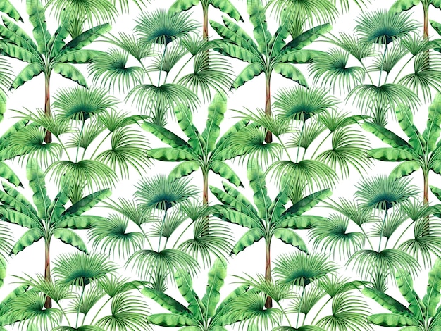 Watercolor painting green tropical leaves seamless pattern background.