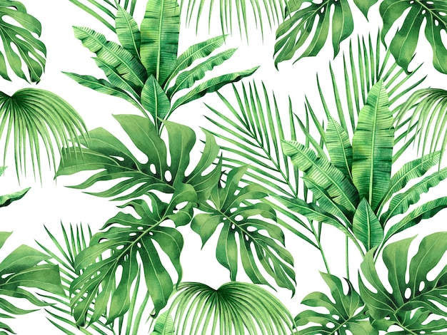 Watercolor painting green tropical leaves seamless pattern background