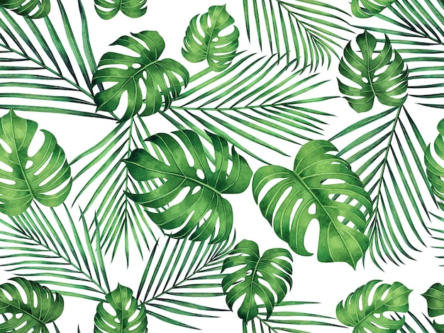 watercolor painting green tropical monstera leaves seamless pattern background.