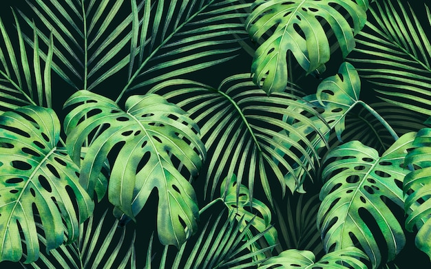 Photo watercolor painting green tropical monstera leaves seamless pattern background.