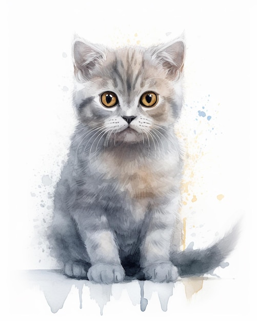 Foto un dipinto ad acquerello di un gatto soriano grigio con gli occhi gialli.