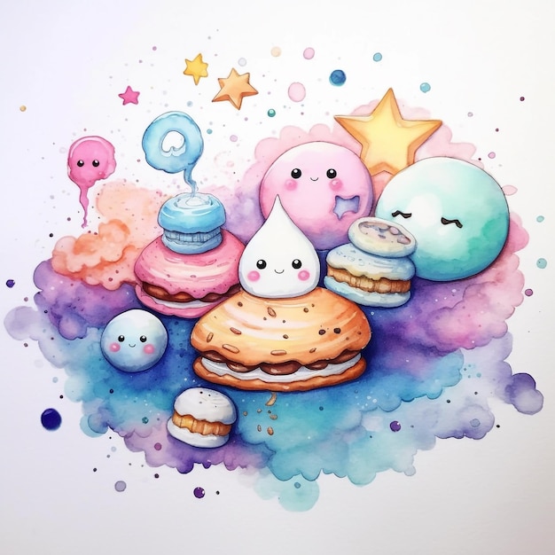 Photo a watercolor painting of a group of cakes and a star.