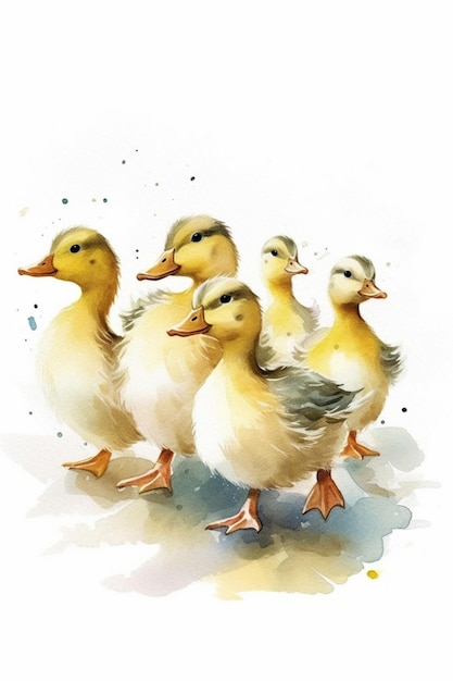 A watercolor painting of a group of ducks