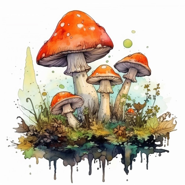 A watercolor painting of a group of mushrooms