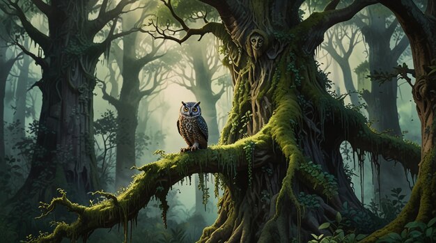 Photo watercolor painting a grove of ancient mosscovered trees entwined with ivy and a wise owl perched