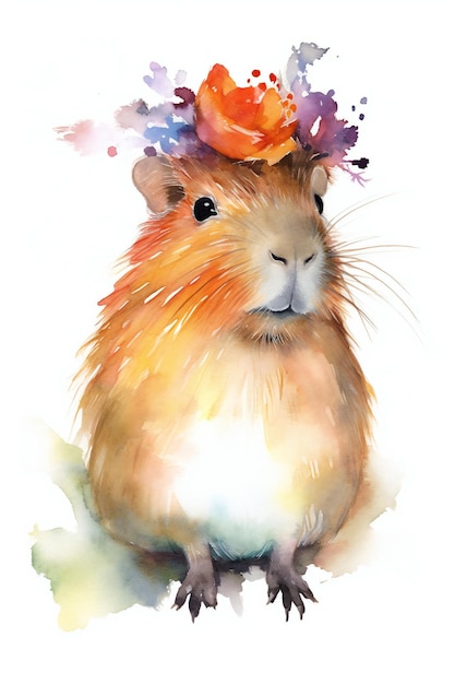 A watercolor painting of a guinea pig wearing a flower crown.