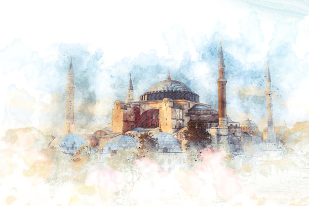 Watercolor painting of a hagia sophia in istanbul.