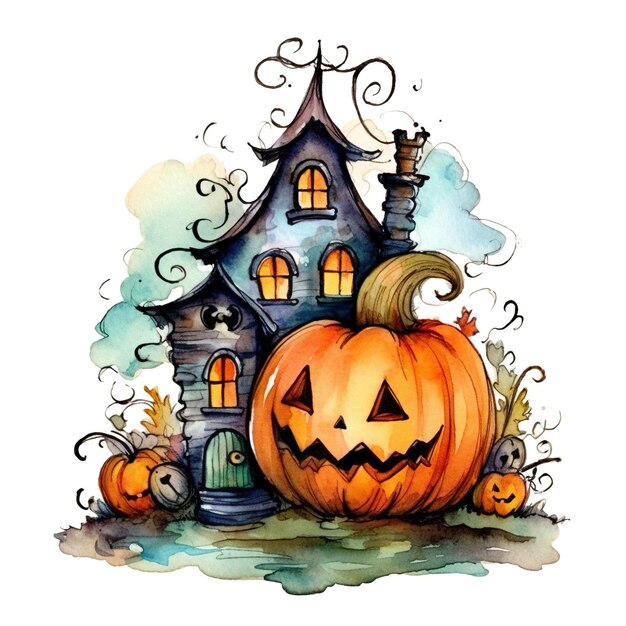 A watercolor painting of a halloween house generative ai image