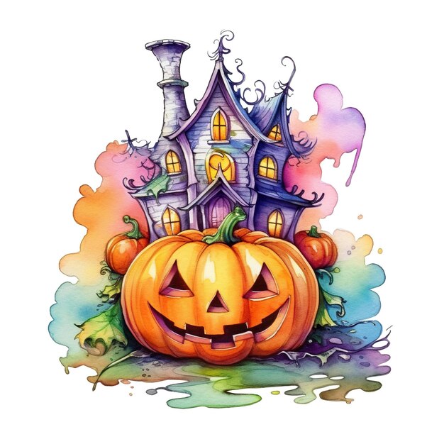 A watercolor painting of a halloween house with a pumpkin generative ai image