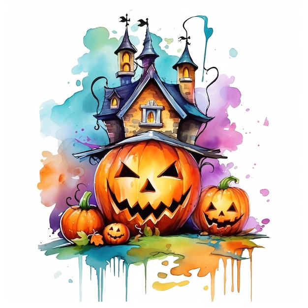 A watercolor painting of a halloween house with pumpkins generative ai image