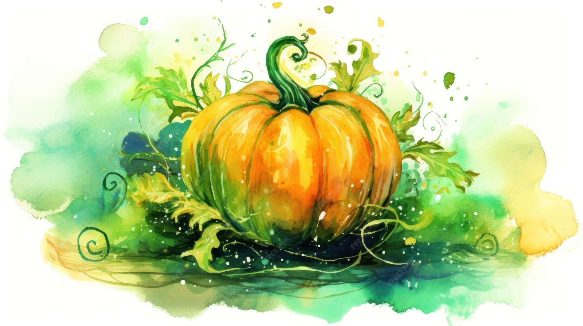 Premium AI Image Watercolor Painting Of A Halloween Pumpkin In Green premium-ai-image-watercolor-painting-of-a-halloween-pumpkin-in-green