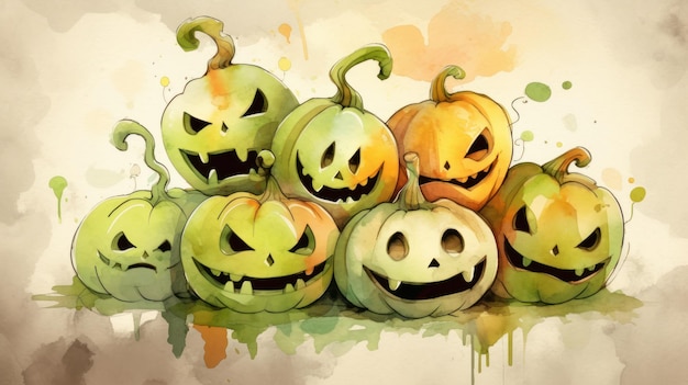 Watercolor painting of a halloween pumpkins in light lime colours tones