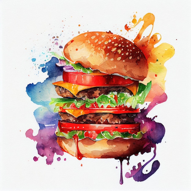 A watercolor painting of a hamburger with tomatoes and lettuce.