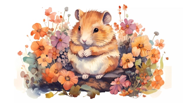 Photo a watercolor painting of a hamster in flowers