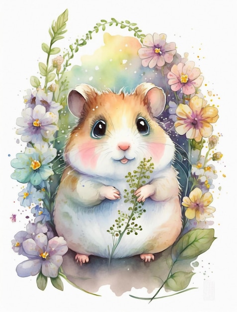 A watercolor painting of a hamster in a garden with flowers