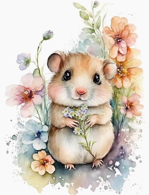 A watercolor painting of a hamster with flowers