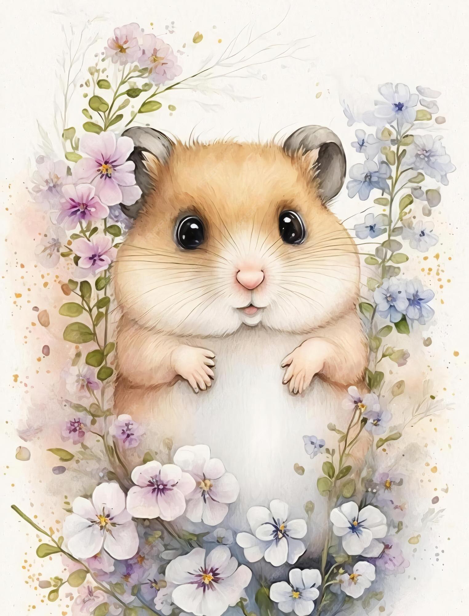 Premium AI Image | A watercolor painting of a hamster with flowers.