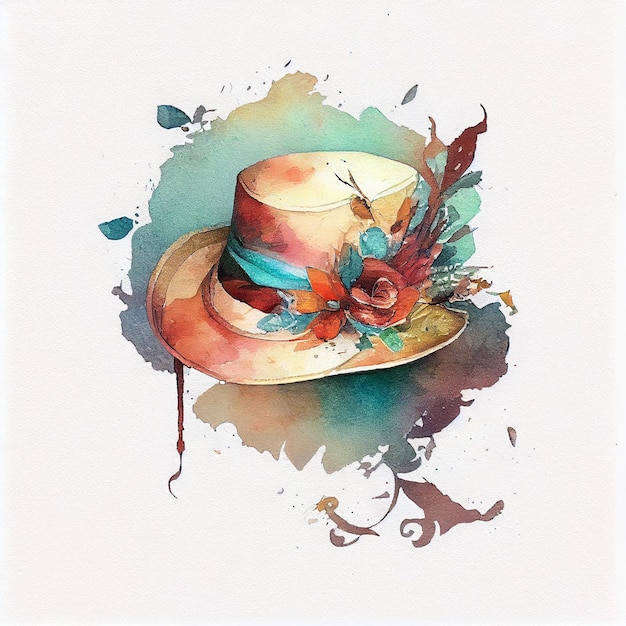 Photo a watercolor painting of a hat with a feather on it.