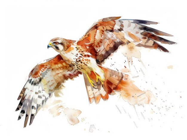 Watercolor painting of a hawk in midflight