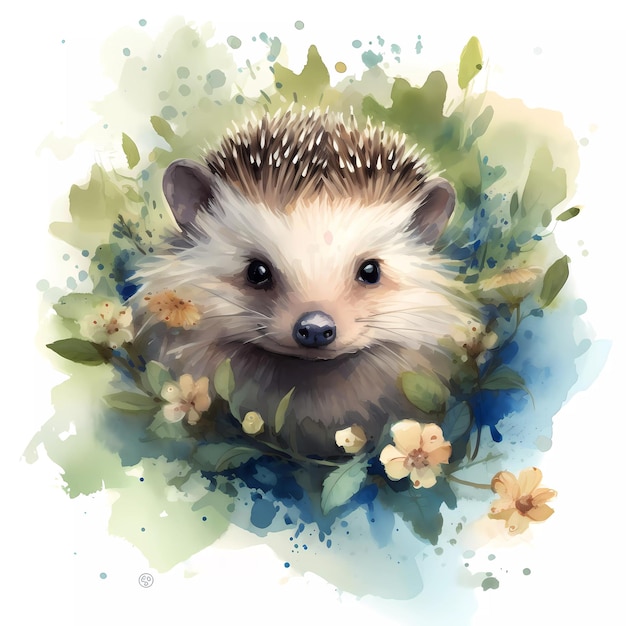 A watercolor painting of a hedgehog surrounded by leaves