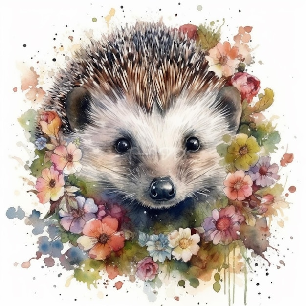 Watercolor painting of a hedgehog with flowers