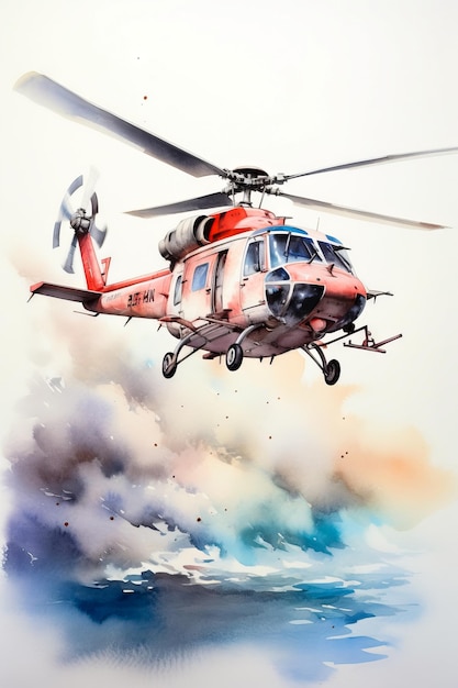 Watercolor painting of helicopter flying in the sky Generative AI