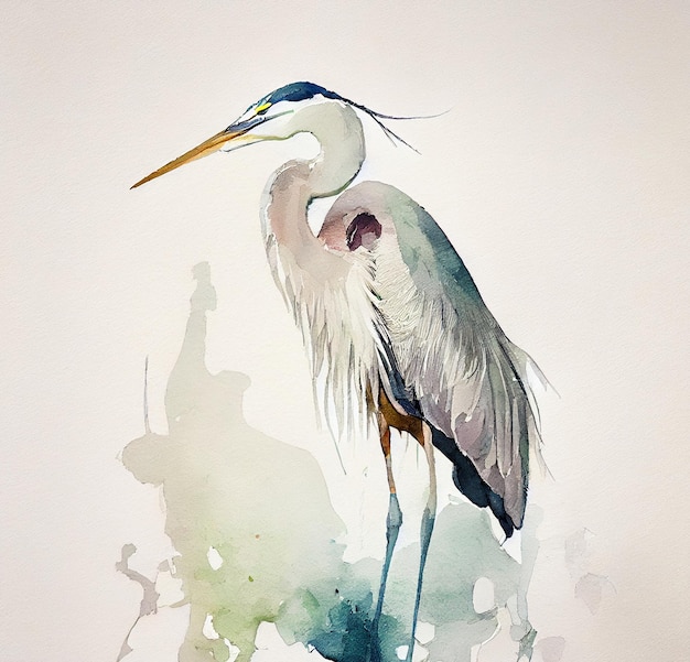 A watercolor painting of a heron with a long beak.