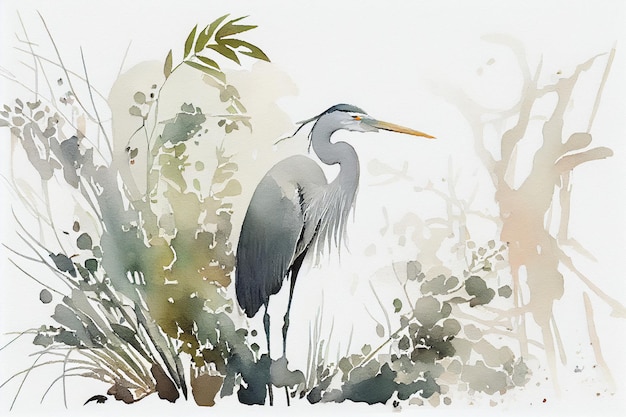 A watercolor painting of a heron
