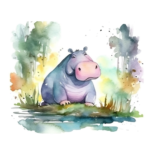 A watercolor painting of a hippo in a pond