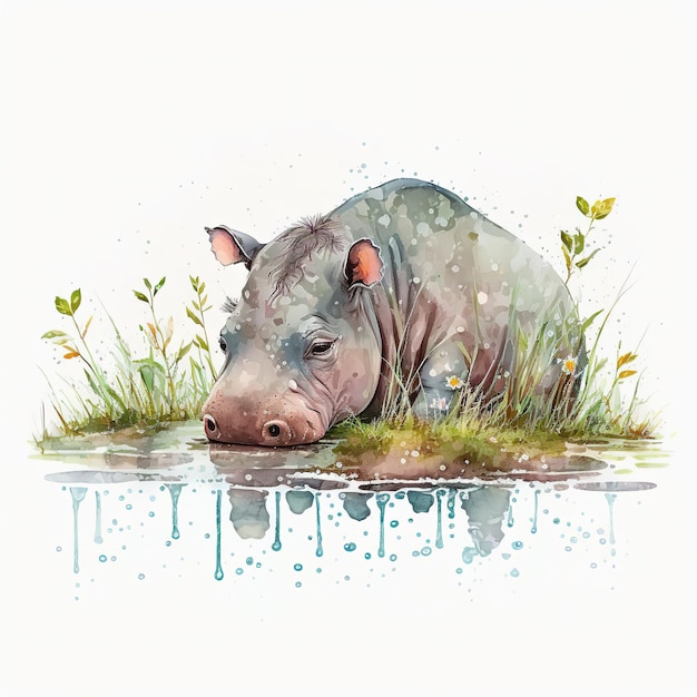 A watercolor painting of a hippo in a pond.