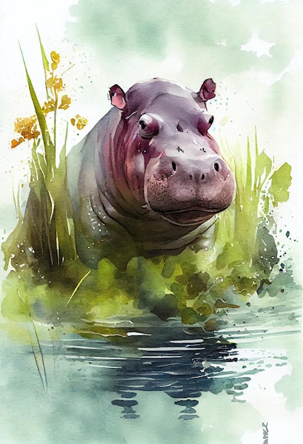 A watercolor painting of a hippo in the water