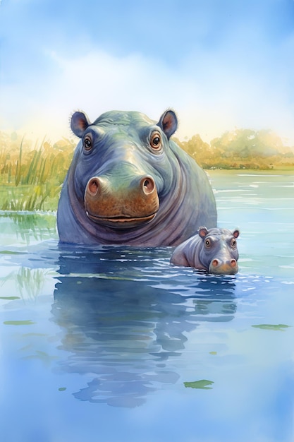 a watercolor painting of hippos in water